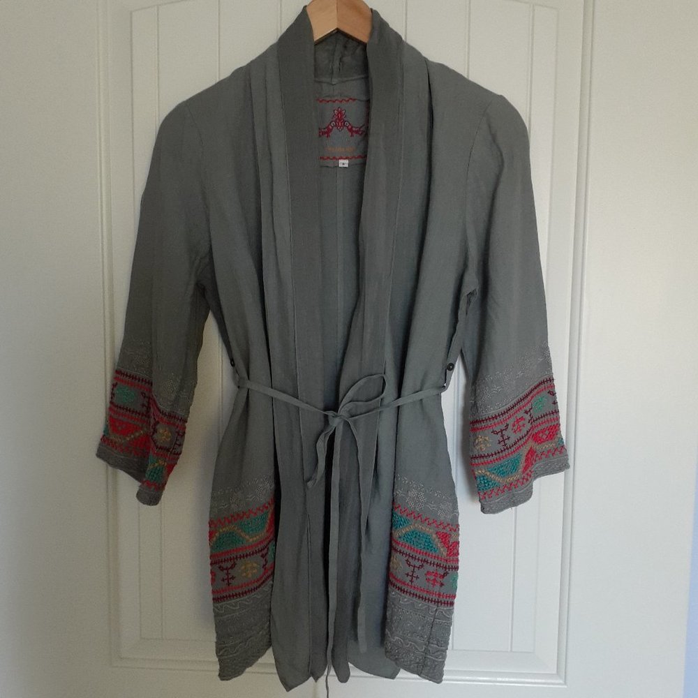 Johnny Was Linen Kimono w/Self Tie Embroidered Gray Size S